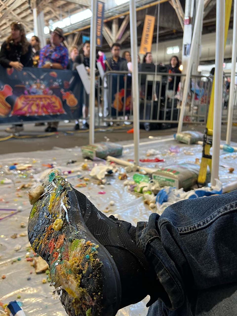 Paul's shoe covered in egg and fruit loops after the drop event